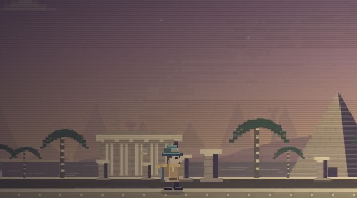 Early’s pixel traveller among stone columns, palms and pyramids in Ancient Ruins.
