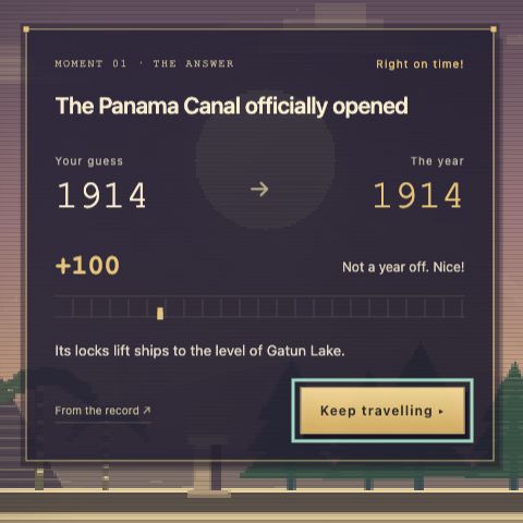 The same Panama Canal example revealed: a guess of 1914 matches the answer 1914 and earns 100 points, with a fact and source link.