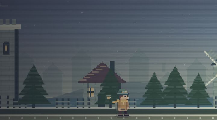 A castle tower, pine trees and village houses behind Early’s traveller in Castle Kingdom.