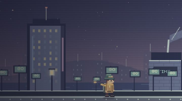 Glowing signs, screens and a dark city skyline in Early’s Digital Night.