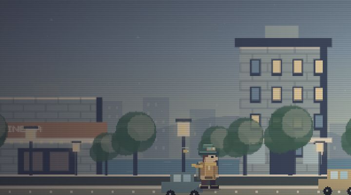 Early’s traveller on a modern street with cars, trees and apartment buildings.