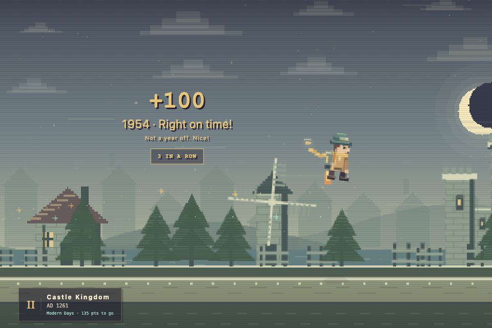 Early’s traveller flying over ancient ruins after an exact answer, with a gold +100, the correct year and a three-in-a-row reward.