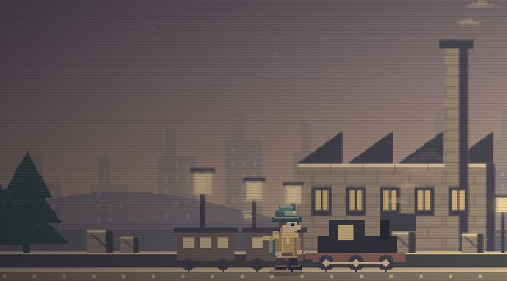 A passing steam locomotive and sawtooth factory roofs in Early’s City of Steam.